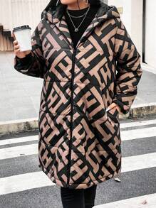 EMERY ROSE 大码女式几何印花拉链立领长袖连帽休闲棉服外套冬装