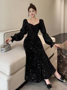 DAZY 女士亮片网纱撞色连衣裙 舞会礼服 派对礼服 返校节礼服 秋冬奢华新年礼服 嘉年华闪亮礼服 - 黑色 - 查看 6