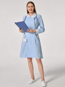 TaskEZ 1 件长袖拼色前扣口袋休闲护士制服连衣裙 - 藍色 - 查看 4