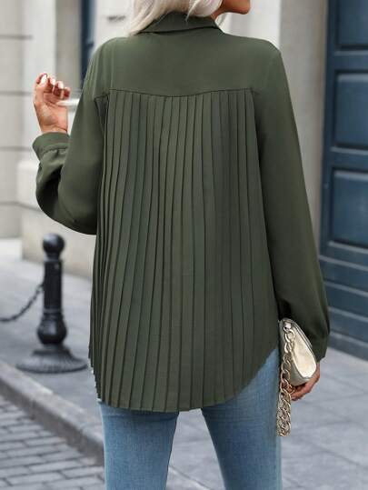 EMERY ROSE 1pc Women's Casual Solid Color Turn-Down Collar Front-Open Back-Pleated Hem Curved Hem Long Sleeve Blouse, For Spring And Autumn Women Shirt,Long Sleeve Tops Fall Cloth For Women