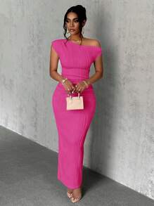 Slaydiva Summer New Elegant Party Daily Date Oblique Shoulder One-Shoulder Off-Shoulder Front Pleated Slim Long Skirt Wavy Texture Knitted Fabric White Women's Dress - Hot Pink - View 4