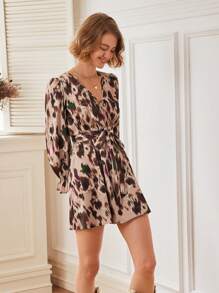 Calvaya Women's All-Over Print Surplice Neck Flare Sleeve Self-Tie Waist Short Dress