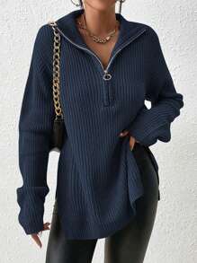 SHEIN Frenchy Half Zip Drop Shoulder Grain Black Sweater Winter Casual Blue - Navy Blue - View 1