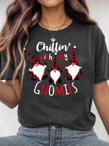 SHEIN MOOSTA Camiseta de cuello redondo navideña, camiseta de cuello redondo regular de mujer con gráficos de Papá Noel y eslogan, adecuada para camisetas gráficas de primavera y verano para mujeres