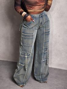 Slaydiva Vrouwen Street Style Flip-Pocket Losse Wijde Broek