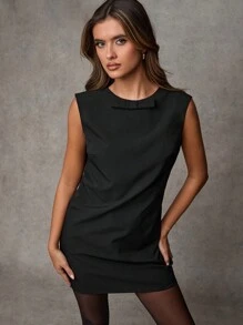 SHEIN BAE Black Summer Elegant Night Out Women Backless Bow Decoration Mini Dress,Old Money Style Office Siren Teacher Outfits,Business Christmas Work Clothes - Black - View 4