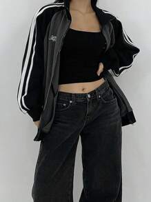 DAZY Chaqueta casual de manga larga con rayas laterales y estampado de letras a contraste, de otoño