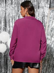 SHEIN CURVE+ Áo cánh dài tay thời trang thanh lịch màu trơn cỡ lớn viền bèo nhún - Màu tím - Xem 2