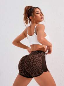 Easithlete Short de yoga sport sans couture à taille haute avec imprimé léopard extensible pour femmes. Short de transpiration, short de gym, short de cycliste