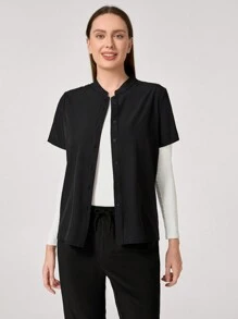 TaskEZ Blusa de mujer con cuello alto y abotonadura sencilla, de manga corta, uniforme de oficina