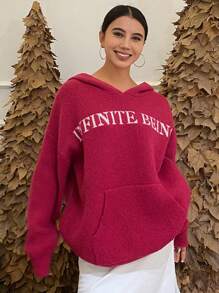 DAZY 圣诞红色字母提花宽松圆领长袖女式毛衣，秋季女装连帽衫 - 紅色 - 查看 8