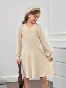 Tween Girls' Fitted Knit Cable V-Neck Sweater Dress