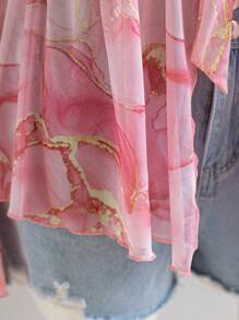 Soleia 大码女式彩色大理石印花针织网眼前开腰喇叭袖衬衫