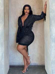 Slaydiva Đầm dự tiệc màu đen hở lưng tay dài cổ chữ V sâu gợi cảm & quyến rũ cỡ lớn - Z - màu đen - Xem 3