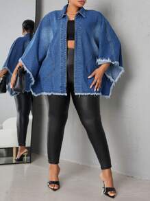 SHEIN CURVE+ 大码纯色磨边翻领休闲牛仔夹克