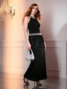 The Great Gatsby x MOTF RHINESTONE DETAIL SEQUIN FUZZY HEM HALTER NECK LONG DRESS - Black - View 9