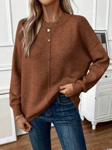 EMERY ROSE Women Plain Round Neck Long Sleeve Casual Sweater, Minimalist For Daily Wear Knit Pullover Fall Winter - Coffee Brown - View 4