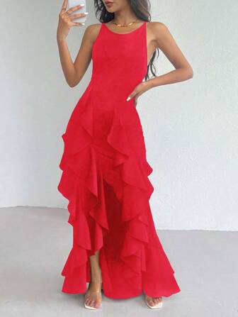 Rafferiza 1st Enfärgad rund hals fram Kort rygg Lång volangfåll Ärmlös klänning, slumpmässigt blommönster för nyår Kläder Maxi Kvinnor Outfit