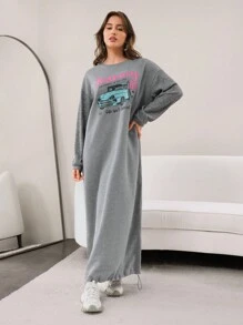 Mulvari Váy dài tay giản dị in khẩu hiệu cho nữ, có dây rút, viền váy, thích hợp cho mùa thu/đông - Xám - Xem 1