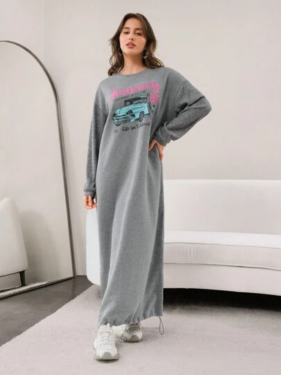 Mulvari 女士休闲标语印花抽绳下摆朴素长袖连衣裙，适合秋冬季