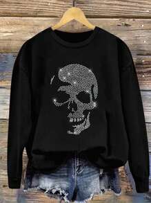 SHEIN LUNE Áo nỉ cổ tròn rộng rãi họa tiết đầu lâu đính đá tối giản giản dị dành cho nữ, mùa thu/đông - màu đen - Xem 1