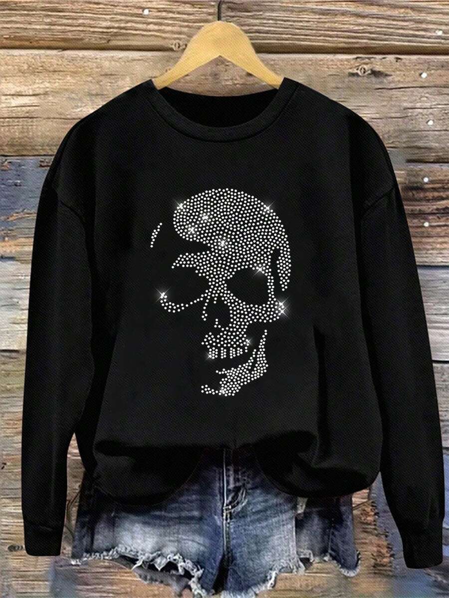 SHEIN LUNE Áo nỉ cổ tròn rộng rãi họa tiết đầu lâu đính đá tối giản giản dị dành cho nữ, mùa thu/đông - màu đen - Xem 1