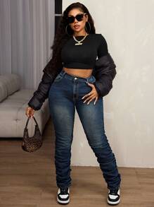 Slaydiva Plus Size High Stretch Denim Skinny Jeans With Elongated Leg Design - Blue - View 6