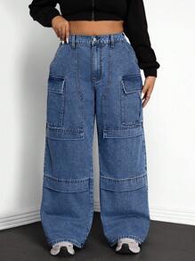 CovetEZ 大码休闲洗水阔腿工装牛仔裤 - 藍色 - 查看 3