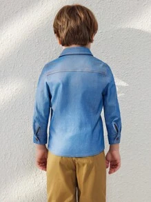 SHEIN Young Boys Elegant Blue Pocket Decor Woven Shirt With Shirt Collar, Autumn Winter - Blue - View 2