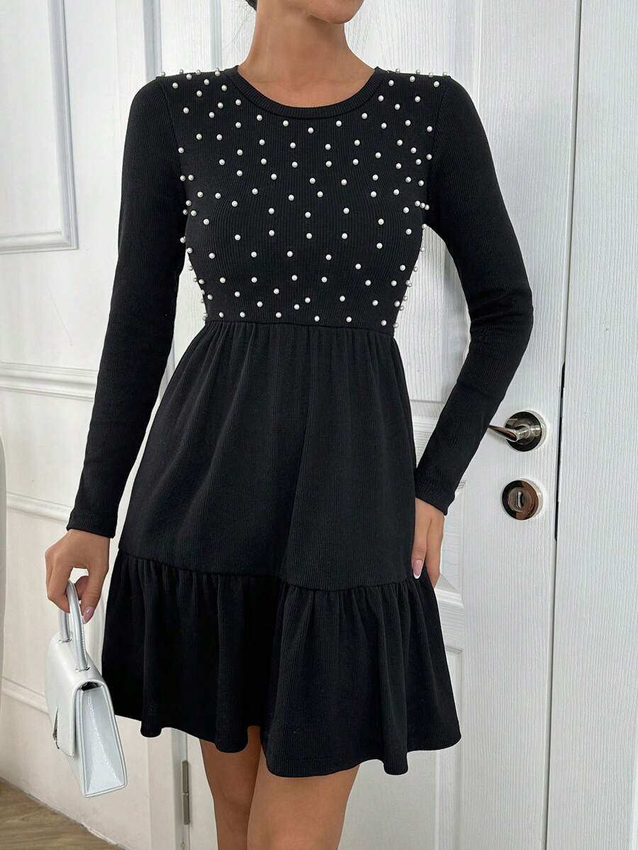 EURMUSE VESTIDO NEGRO ELEGANTE DE MUJER CON PERLAS