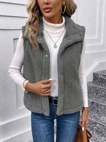 SHEIN LUNE Áo khoác vest rộng rãi thoải mái cho nữ 2 mặt lông cừu, mùa thu/đông - Xám - Xem 5