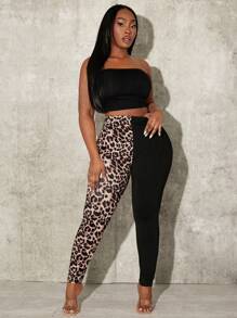 SHEIN SXY 大码女式豹纹拼色高腰紧身裤，适合约会之夜、生日、单身派对、休闲、购物、街头装、外出，易于搭配且看起来修身，凸显您的身材，凸显身材，适合夏季 - 黑色 - 查看 4