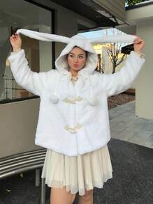 SHEIN MOOSTA Plus Size 1pc Adorable, Quirky, Elegant, Sweet Regular White Rabbit Ear Hoodie - White - View 4