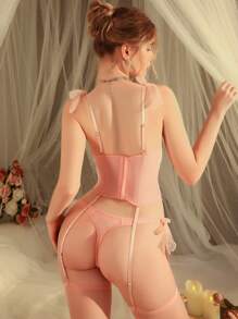 粉色女士性感内衣套装，纯真性感，带可拆卸蝴蝶结装饰，贴身内衣 - 粉色 - 查看 3