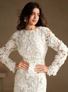 Anewsta Elegant White Lace 3D Floral Fishtail Dress, Autumn For Holiday Party Clothes - White - View 4