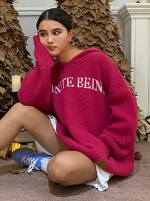 DAZY 圣诞红色字母提花宽松圆领长袖女式毛衣，秋季女装连帽衫 - 紅色 - 查看 6