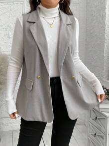 SHEIN LUNE Plus Size Women Lapel Collar Sleeveless Minimalistic Tweed Blazer Jacket Vest Fall Clothes Clothes Winter Clothes Business Casual Woman Work Blazer Business Blazer