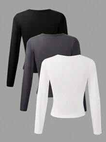 Sparklyn 3pcs/Pack Tween Girl V-Neck Button Front Long Sleeve T-Shirt, Slim Fit Layering Tee, Spring & Autumn New Style Chic Outfits For Autumn/Winter - Multicolor - View 2