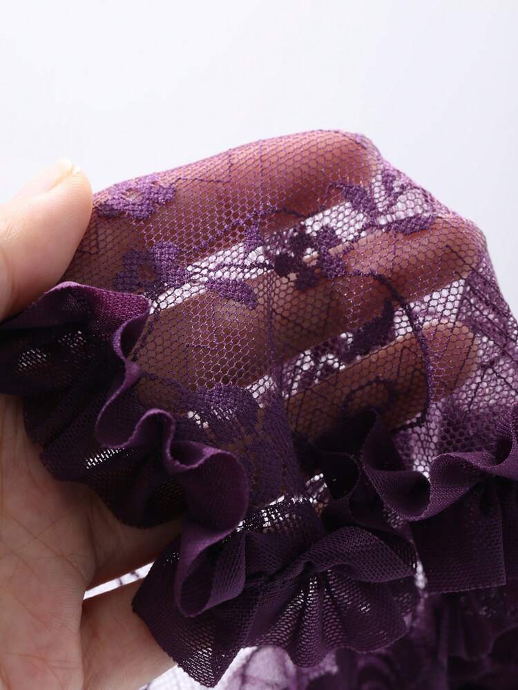 2pcs/Set Lace Patchwork See-Through Mesh High Slit Slip Dress Thong Lingerie Set, Sexy Nightgown