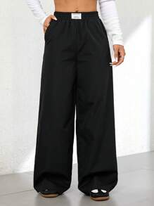 SHEIN PETITE 秋冬宽松休闲度假长袖黑色直筒长裤 - 黑色 - 查看 6