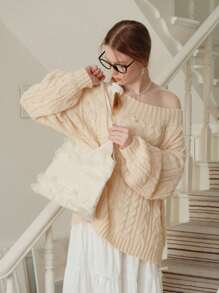 SHEIN MOD Áo len dệt kim cổ điển hở vai mùa đông màu trắng cho nữ, áo cướp biển, quần áo Hippie, áo nữ, váy len nữ - trắng - Xem 3