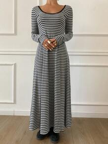 DAZY Women Striped Wide Collar Bodycon Long Dress,Fall Dress Long Sleeve Dress