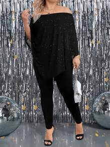SHEIN CURVE+ 2pcs/Set Plus Size Women Off Shoulder Batwing Sleeve Asymmetrical Hem Loose Top & Skinny Pants - Black - View 3