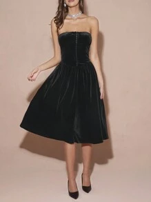 Enchnt Vestido sin tirantes de unicolor elegante para mujer, otoño - Negro - Ver 5