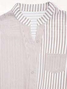 Omancia 女士条纹单排扣口袋短袖休闲宽松衬衫女士衬衫 - 杏色 - 查看 6