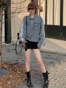 DAZY 女士纯色前扣口袋休闲长袖牛仔夹克