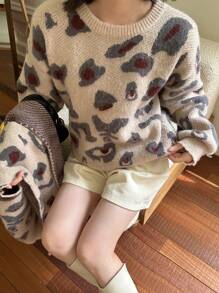 SHEIN X Angie Costa Chiquease Damen Leoparden Muster strukturierter Schal Pullover, Lässig für Herbst und Winter