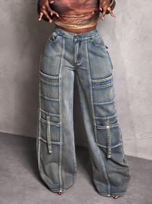 Slaydiva Vrouwen Street Style Flip-Pocket Losse Wijde Broek