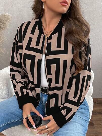 EMERY ROSE Plus Size Women Geometric Print Drop Shoulder Long Sleeve Zipper Front Casual Baseball Jacket, Autumn Fall Winter Cloth For Women
