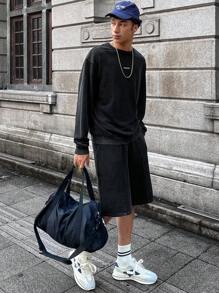 Manfinity VCAY 2pcs Men's Knit Fashion Casual Young Salt & Pepper Loose Fit Long Sleeve Sweatshirt & Elastic Waist Shorts Set